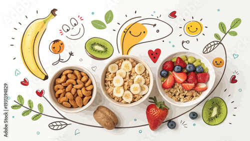 Healthy breakfast bowls with fresh fruits and nuts in a cheerful setting