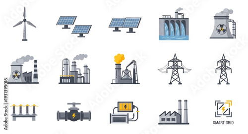 Collection of industrial energy production and power generation icons.