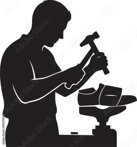 Shoemaker silhouette working on shoe with hammer vector illustration