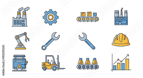 Industrial Icons and Machinery Symbols.