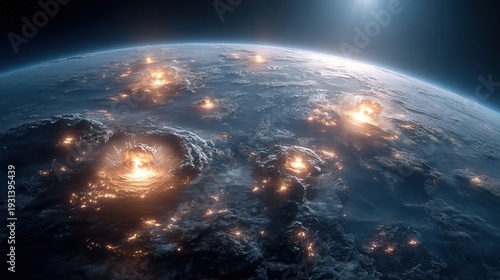 War concept. future war apocalypse planet surface explosion glow crater destruction atmosphere dramatic light science fiction space view orbit dramatic sky global conflict burning earth end world