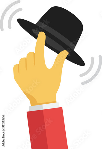 A hand tipping a black fedora hat in a polite gesture.