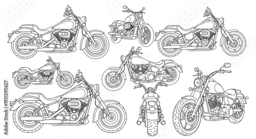 Collection of detailed motorcycle illustrations in black and white.