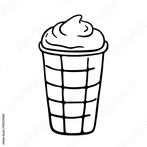 Hand drawn ice creams in waffle cup or glass, black line sketch isolated on white. Drawing retail plombir or creamy icecream in waffle cone, doodle style. Vector clipart illustration.