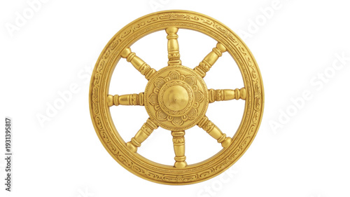 Golden Buddhist wheel with intricate dharmachakra isolated on a transparent background