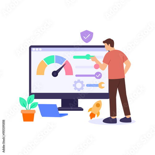 Website Optimization, improving site speed and usability, Flat vector character illustration