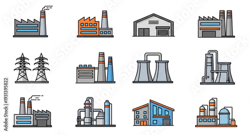 Industrial Icons and Factory Illustrations Set.