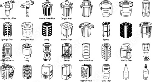 Aquarium Filter Types Line Art Vector Set: Hang-on, Internal, Canister, Sump, Sponge, Undergravel, WetDry, Skimmer, Algae, DIY, Prong, and Fluidized Filters Illustration Collection