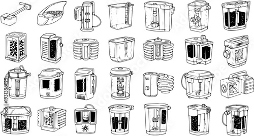 Detailed line art drawings of various filtration systems, including water filters, air purifiers, and processing units, on a white background.