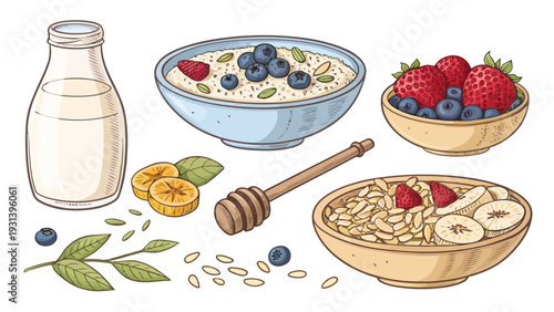 Delicious healthy breakfast with oatmeal, fruits, and nuts