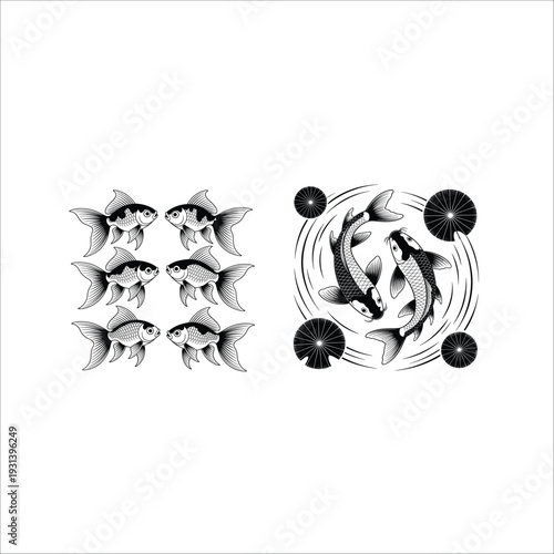 Six Goldfish and Two Koi Fish Swimming in Circle with Lily Pads Illustration