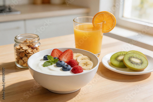 A bowl of yogurt topped with fresh fruit sits on a wooden table beside a glass of orange juice, sliced kiwi, and a jar of granola in a bright kitchen.