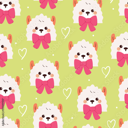 cute seamless pattern hand drawn cartoon llama with pink bow. cute animal background pattern. green background