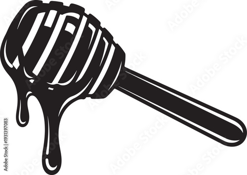 Black and white honey dipper with dripping honey illustration