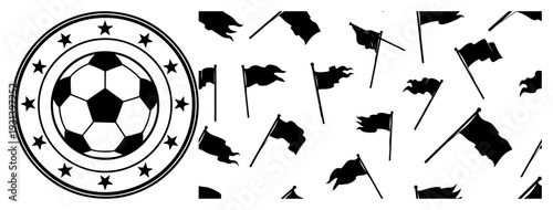 Football badge with stars and pattern of waving flags for sports tournament branding