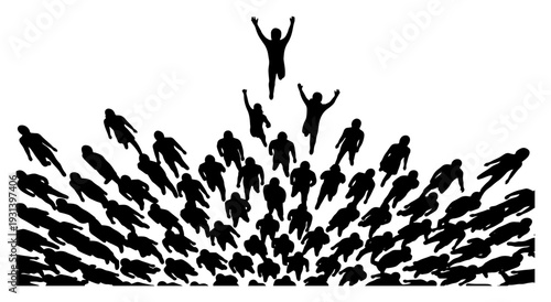 Dynamic silhouette of a massive crowd celebrating and jumping with joy in perspective view
