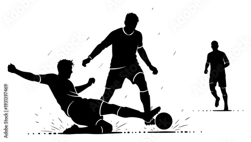 Silhouette of soccer players during a match performing a sliding tackle on the field