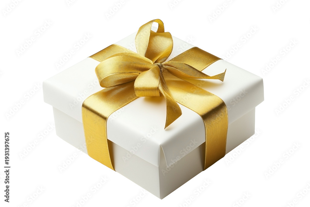 Obraz premium Luxury White Gift Box with Shiny Gold Ribbon Bow Isolated on Black Background, Premium Celebration Packaging