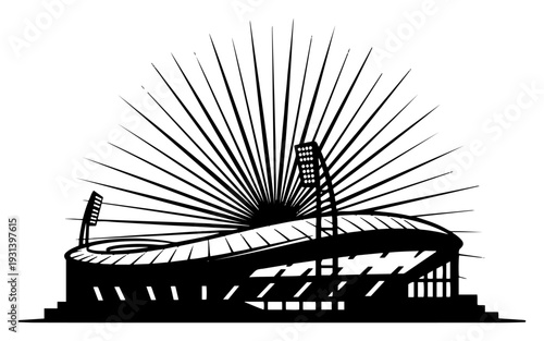 Modern soccer stadium silhouette with light rays shining from the arena at night