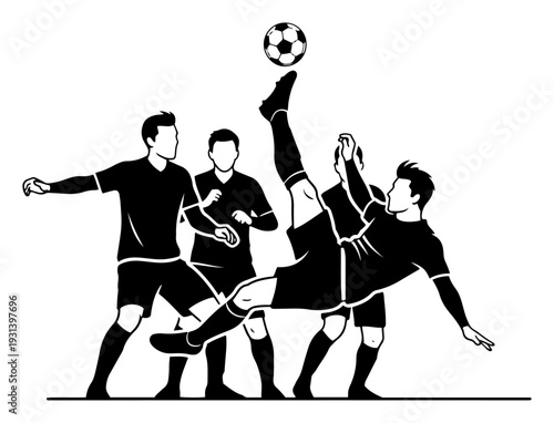 Professional soccer players silhouette performing an overhead bicycle kick during a match