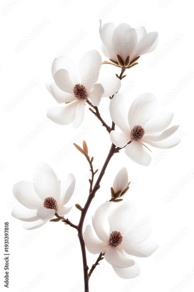 Fototapeta premium Elegant White Magnolia Blossom Branch with Detailed Stamens Isolated on Black Background, Botanical Illustration Style