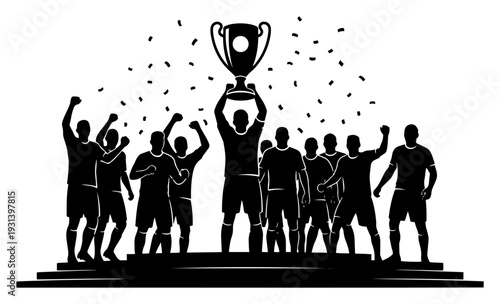 Winning soccer team silhouette celebrating championship victory with trophy cup and confetti