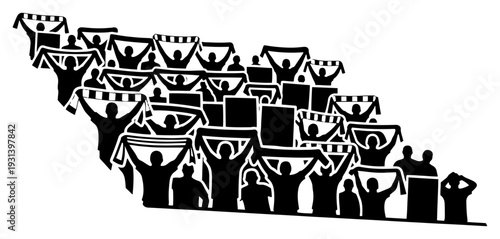 Sports fans crowd silhouette cheering and waving scarves and banners at the stadium