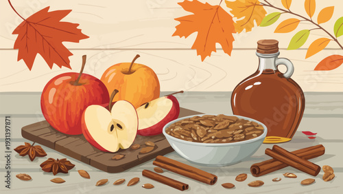 Cozy autumn still life with apples, nuts, and maple syrup