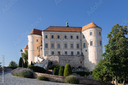 Majestic View of Mikulov Castle with Barocco Architecture and Lavender Garden under Blue Sky in South Moravia, Czech Republic
