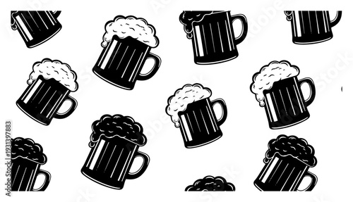 Beer mugs with foam pattern hand drawn vector illustration for pub or brewery