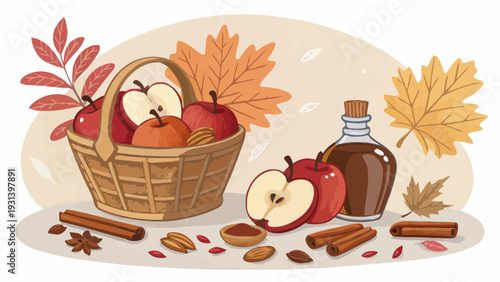 Cozy autumn apples and spices with syrup in wooden basket