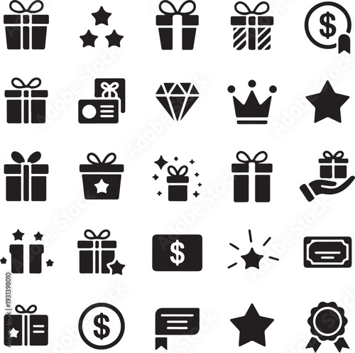 A comprehensive set of solid black icons representing rewards, achievements, and recognition