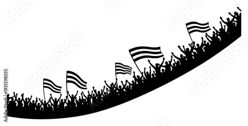 Silhouette of a large cheering crowd waving flags at a sports arena