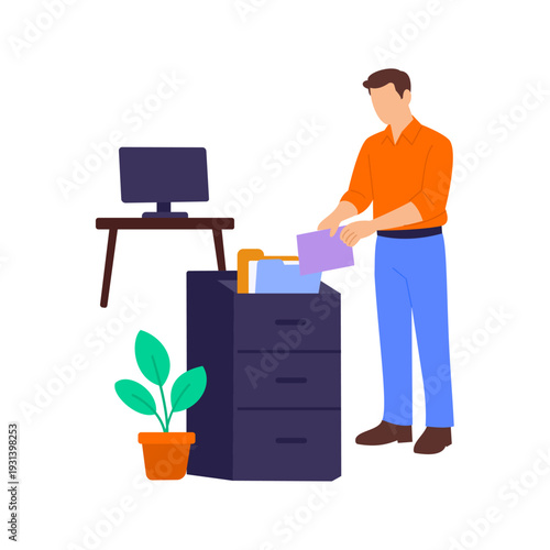 Placing Documents, organizing legal paperwork systematically on desk, Flat vector character illustration