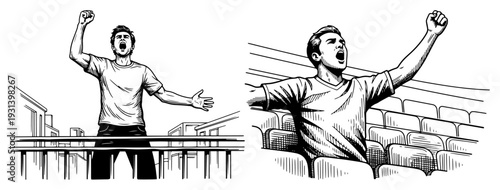 Emotional sports fans cheering and shouting at the stadium in hand drawn sketch style