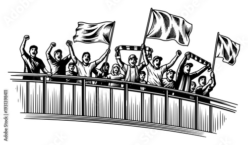 Group of passionate football fans waving flags and scarves on the stadium tribune