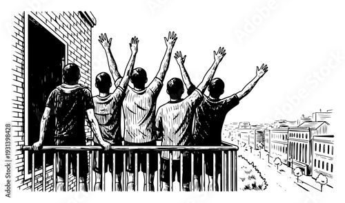 Friends cheering for their team from a balcony overlooking a city street