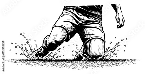 Close up of soccer player legs sliding on wet grass with water splashes