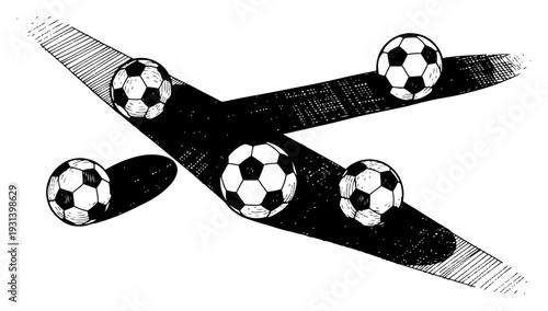 Multiple soccer balls resting on intersecting abstract paths in hand drawn engraved artistic style
