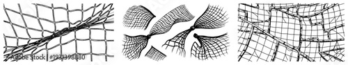 Detailed hand drawn sketches of various netting textures and patterns in three panels