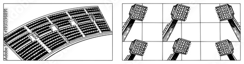 Fotografi Hand drawn sketches of empty stadium seating rows and powerful floodlight towers