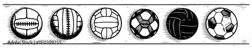 Set of various sports balls in hand drawn vintage sketch style border