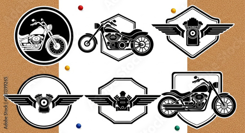 Collection of Motorcycle Emblems and Badges with Wings and Engines.