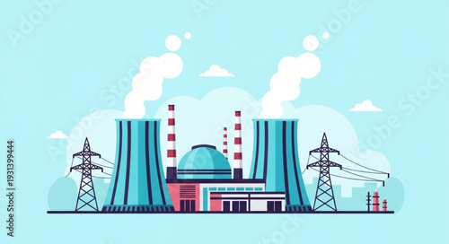 Nuclear power plant with cooling towers and smoke stacks.