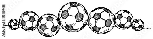 Artistic row of soccer balls in different sizes horizontal border in hand drawn ink style