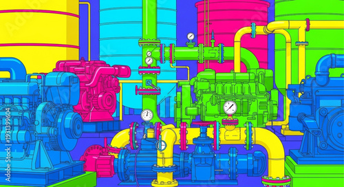 Colorful industrial machinery with pipes and valves.
