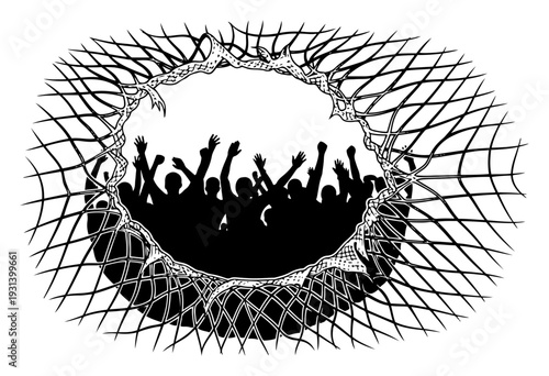 Silhouette of cheering fans seen through a hole in a soccer net