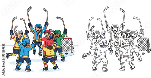 Cartoon kids ice hockey team celebrating victory. Full color illustration and black and white line art outline for coloring book page.