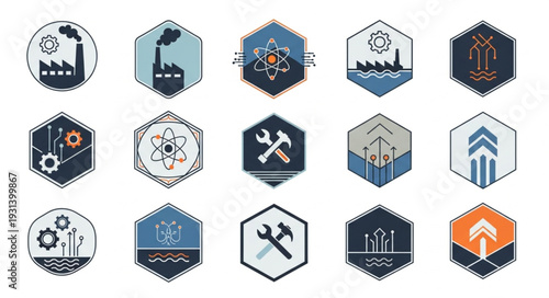 Collection of Industrial and Scientific Icons in Hexagonal Shapes.