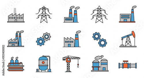 Industrial Icons Factory Equipment Symbols.